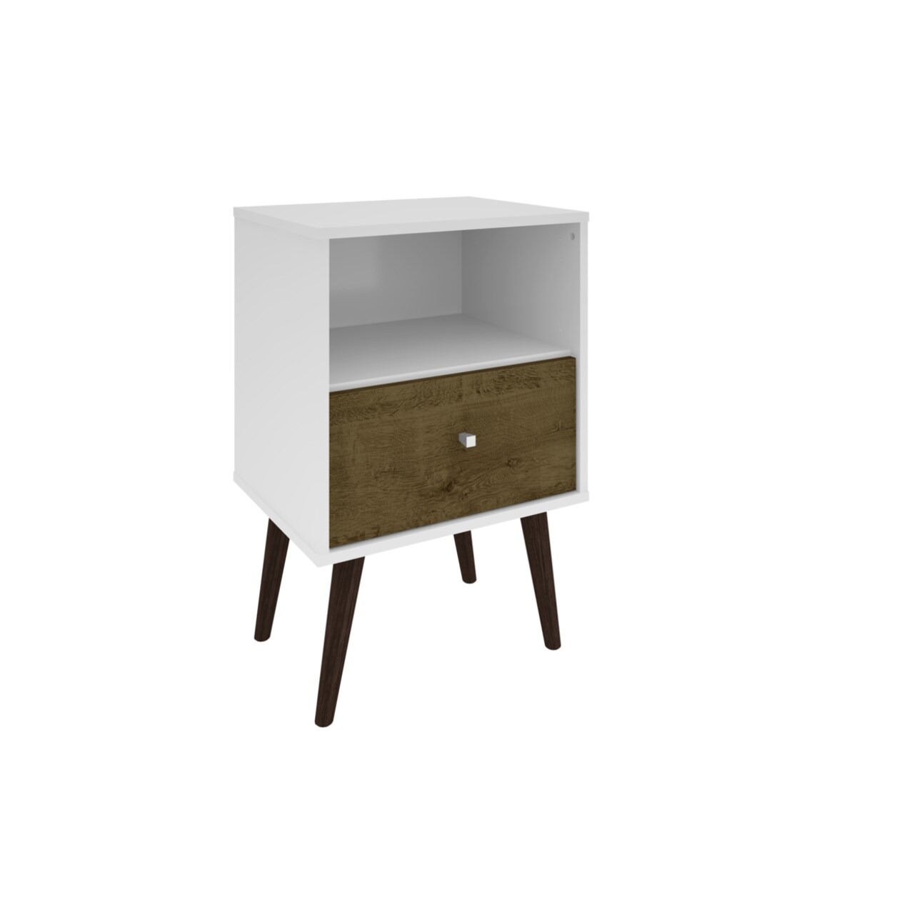 Manhattan Comfort Mid Century - Modern Night stand & 1.0 with 1 Cubby Space & 1 Drawer with Solid Wood Legs, White, Rustic Brown